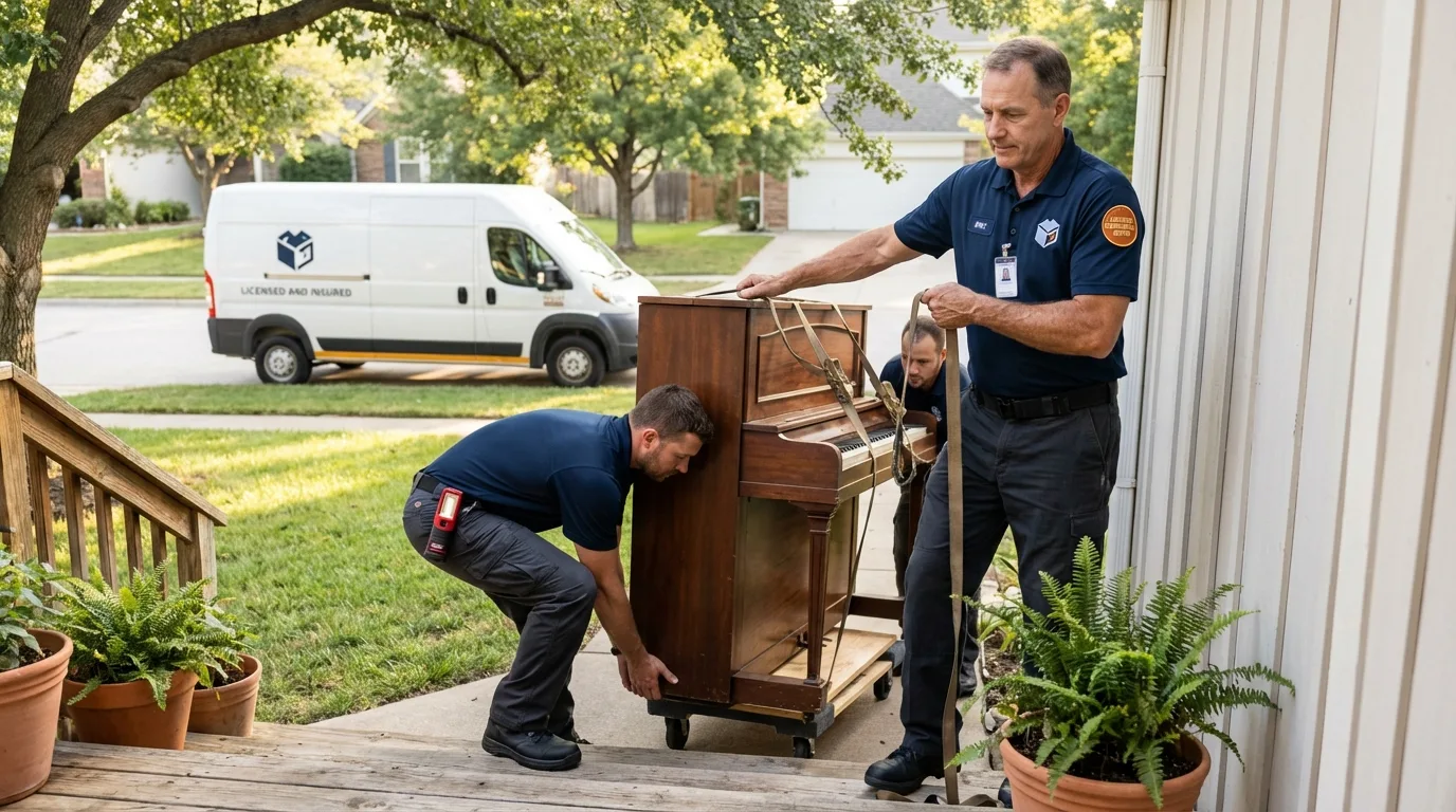 Licensed piano movers securing grand piano in Buffalo, SD