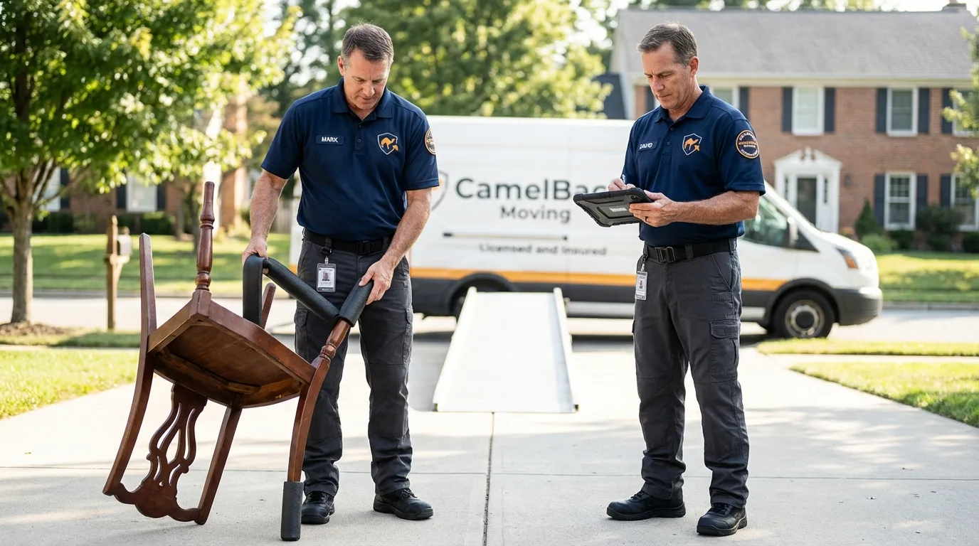 Movers inspecting furniture for damage prevention before loading in Buffalo, SD