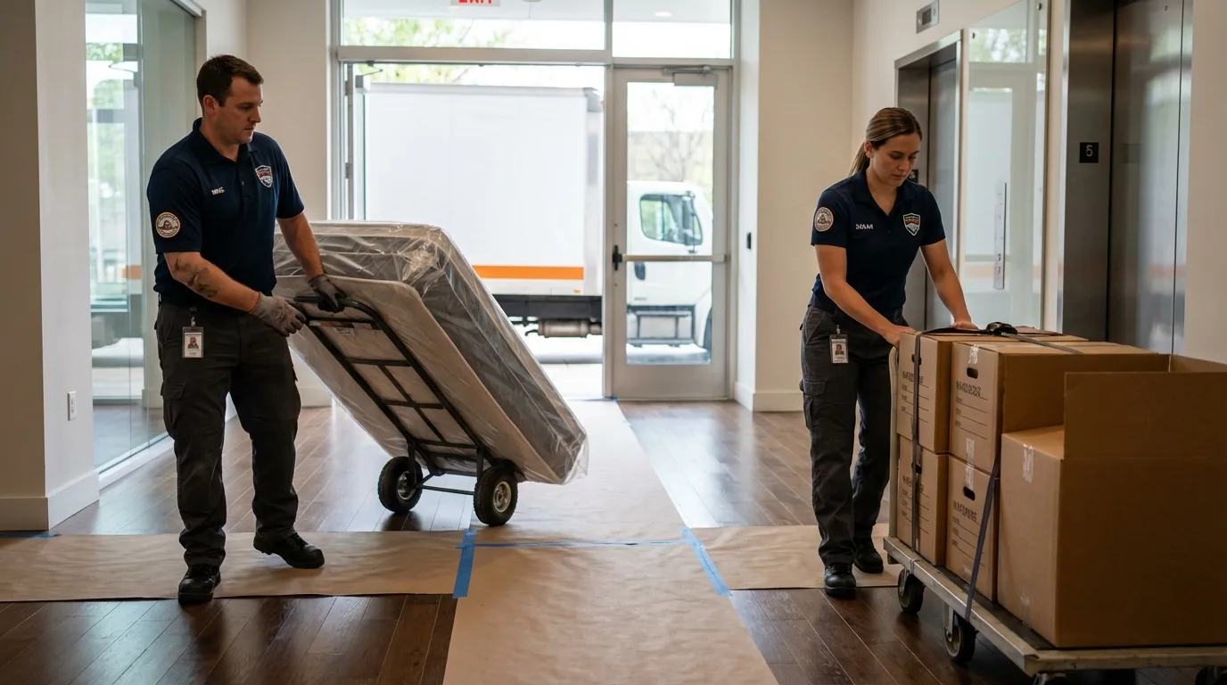 Professional apartment movers loading elevator in Buffalo, SD